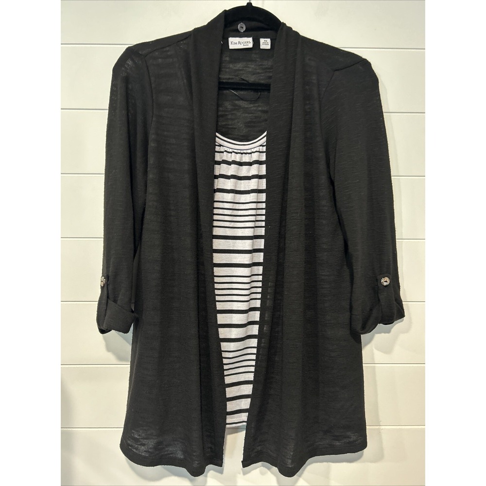 Kim Rogers Petite Black Cardigan and Striped Tank Top 2 Piece Set Womens Medium